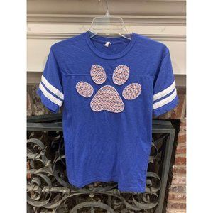 Blue and orange paw print shirt, size adult small (bin CC)